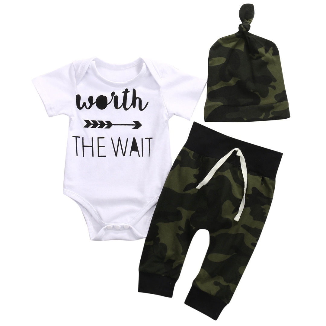 New 3Pcs Set Newborn Toddler Infant Baby Boy Long Sleeve Tops Romper Camouflage Pants Hat 3Pcs Kids Outfits Clothes